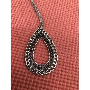 Teardrop Pendant Necklace Ornate Setting Red Rhinestones Silver tone 36" Chain